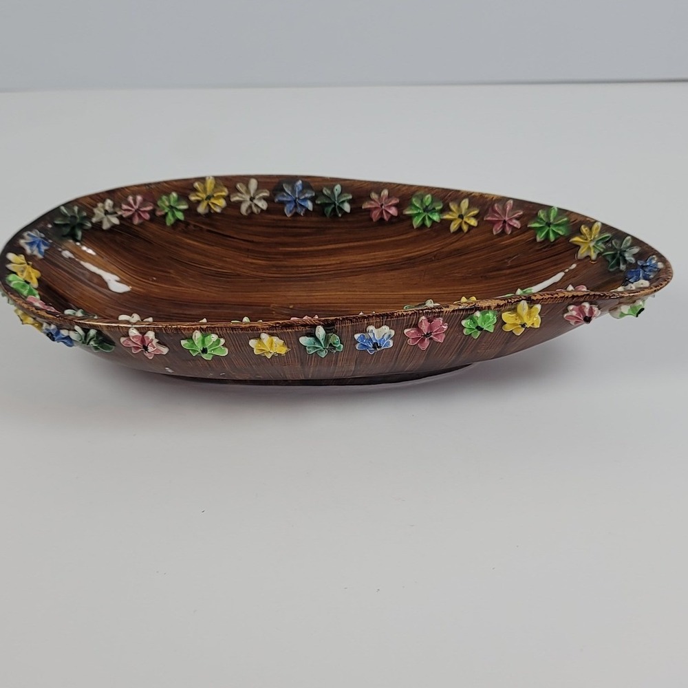 Elbee Italy Pottery MCM Hand Painted Flower Rim Faux Wood Grain Oval Bowl 9.5in